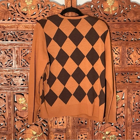 Karen Lessly Brown and Camel Argyle XL Ladies Cardigan, Tortoise Shell Buttons - Picture 4 of 16